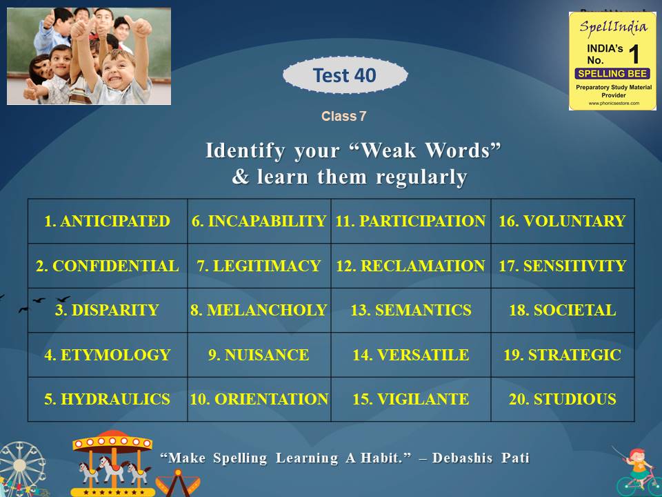 spell bee exam for class 7